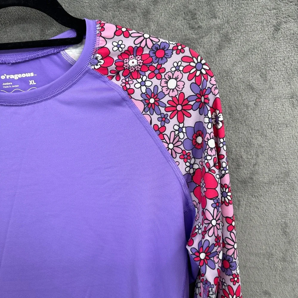 O'rageous Rash Guard Juniors XL Purple Retro Floral Raglan UPF 50 Swim Top